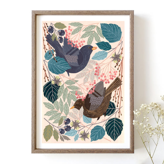 Blackbird artwork - art print of two blackbirds in an autumnal woodland, originally a gouache painting