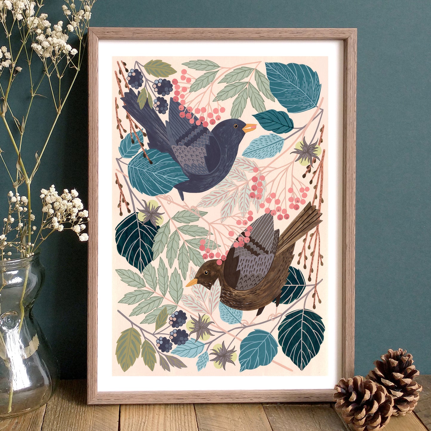 Blackbird artwork - art print of two blackbirds in an autumnal woodland, originally a gouache painting