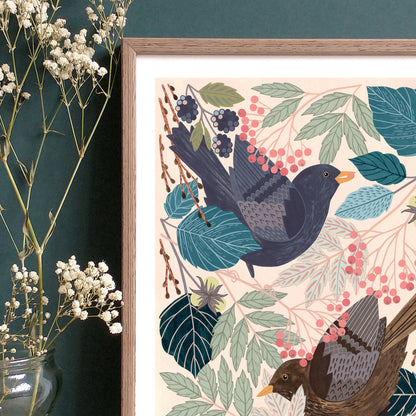 Blackbird artwork - art print detail of two blackbirds in an autumnal woodland, originally a gouache painting