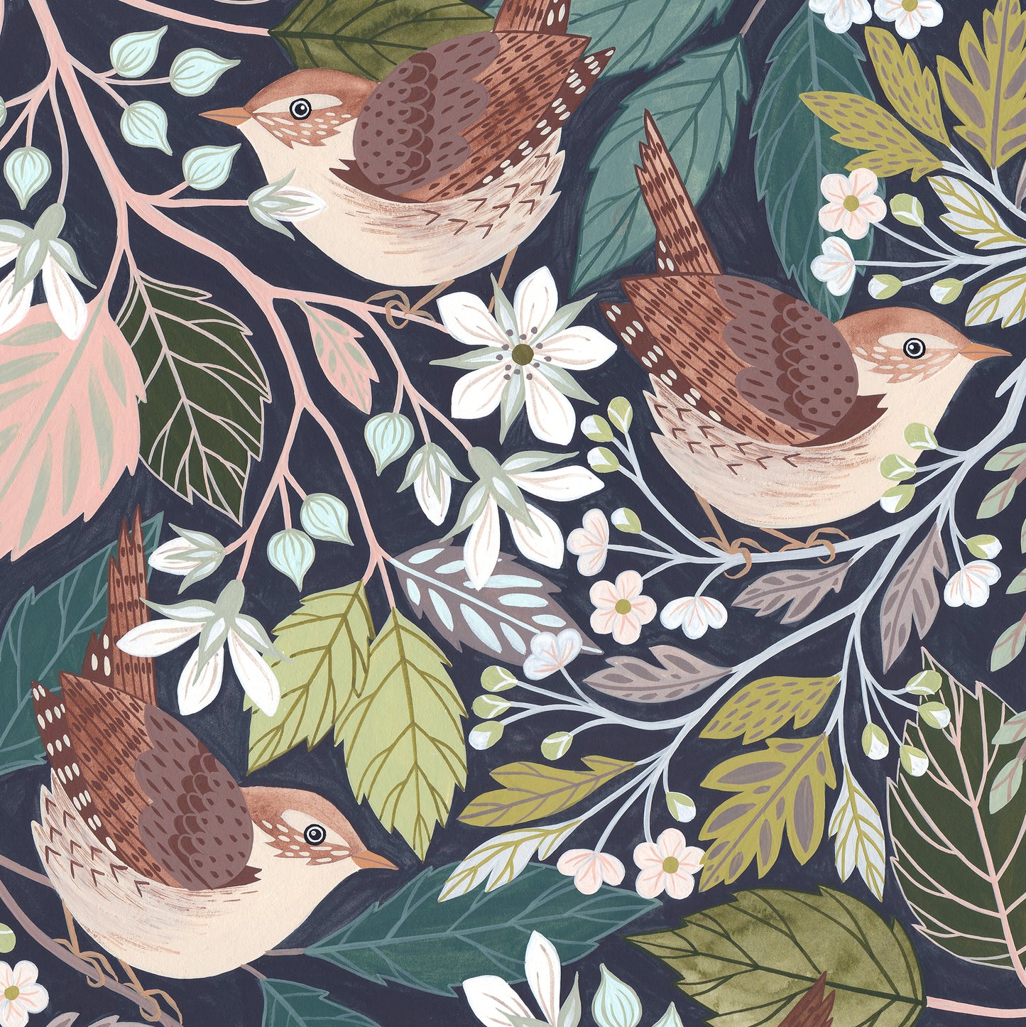 Wren artwork - details of a woodland bird art print featuring four wrens surrounded by woodland foliage