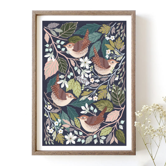 Wren artwork - a woodland bird art print featuring four wrens surrounded by woodland foliage