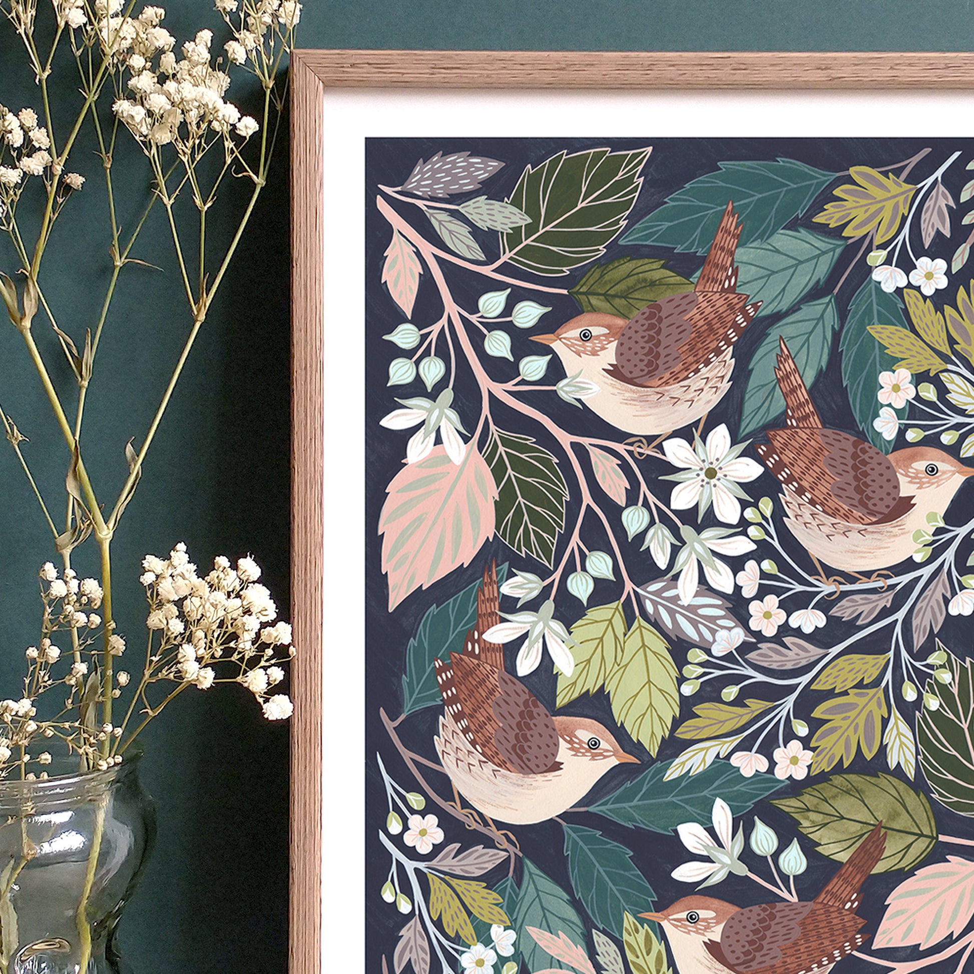 Wren artwork - details of a woodland bird art print featuring four wrens surrounded by woodland foliage