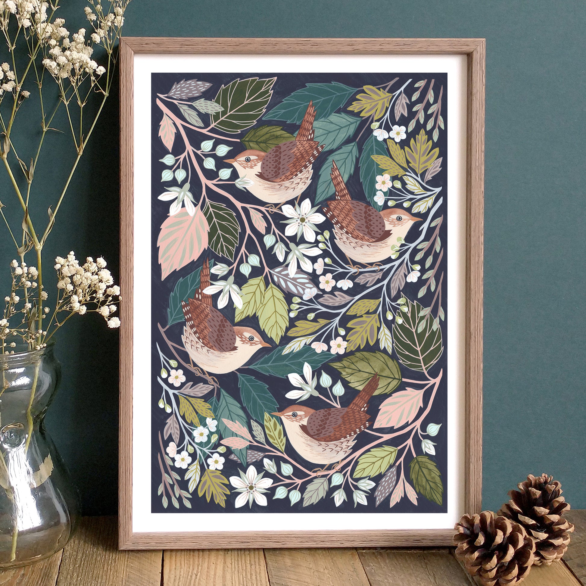 Wren artwork - framed woodland bird art print featuring four wrens surrounded by woodland foliage